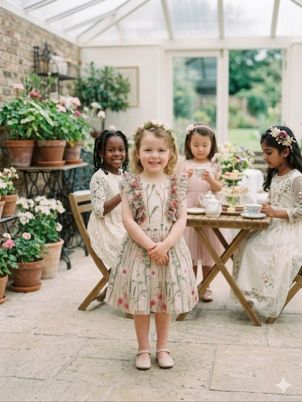 Girls Floral Embroidered Cream Party Dress